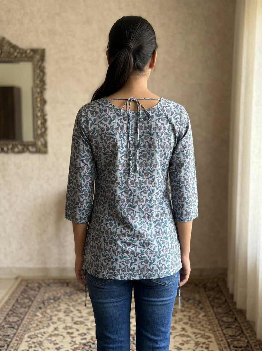 Grey Floral Cotton Sweetheart Neck Top