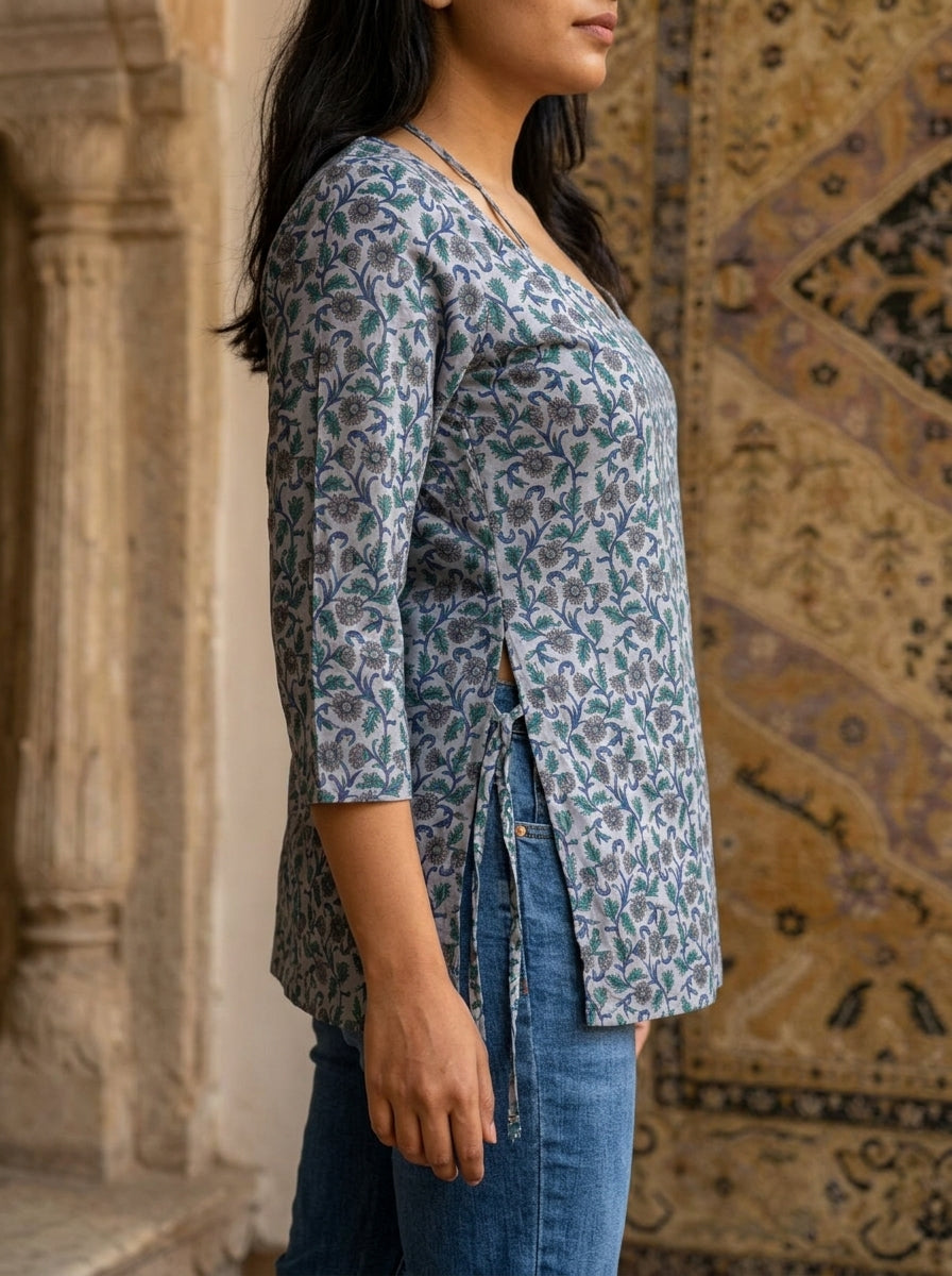 Grey Floral Cotton Sweetheart Neck Top