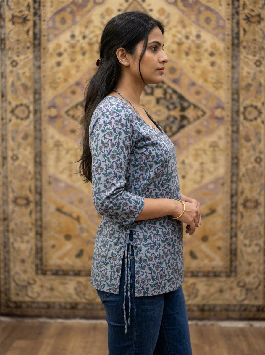 Grey Floral Cotton Sweetheart Neck Top
