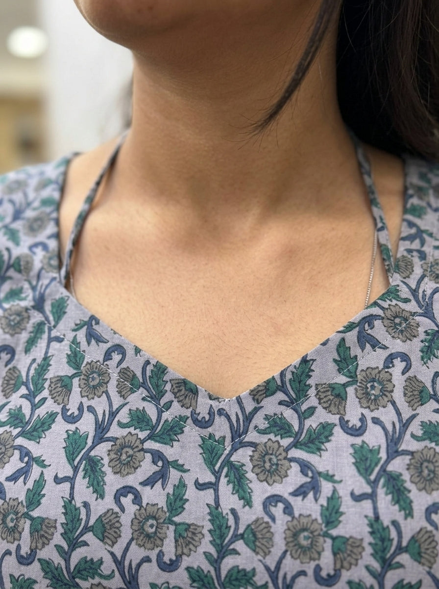 Grey Floral Cotton Sweetheart Neck Top