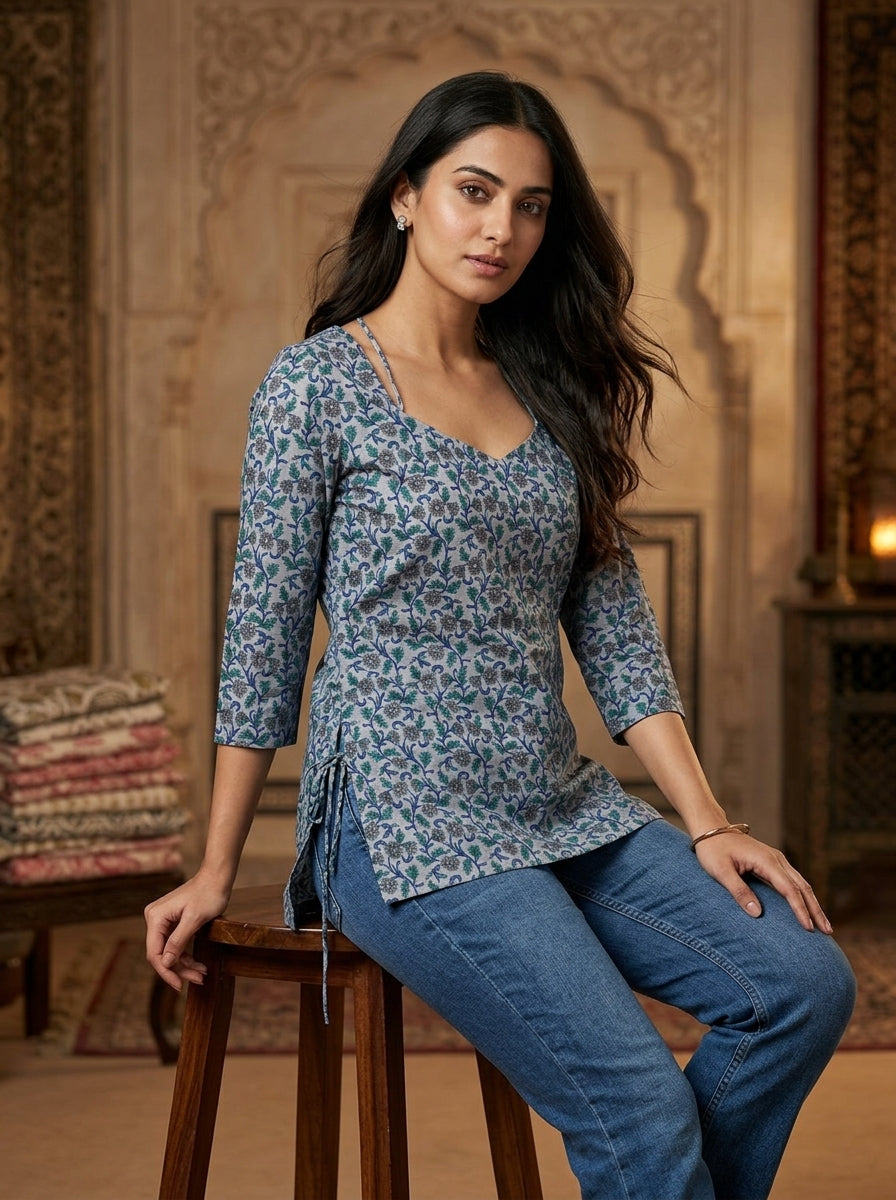 Grey Floral Cotton Sweetheart Neck Top