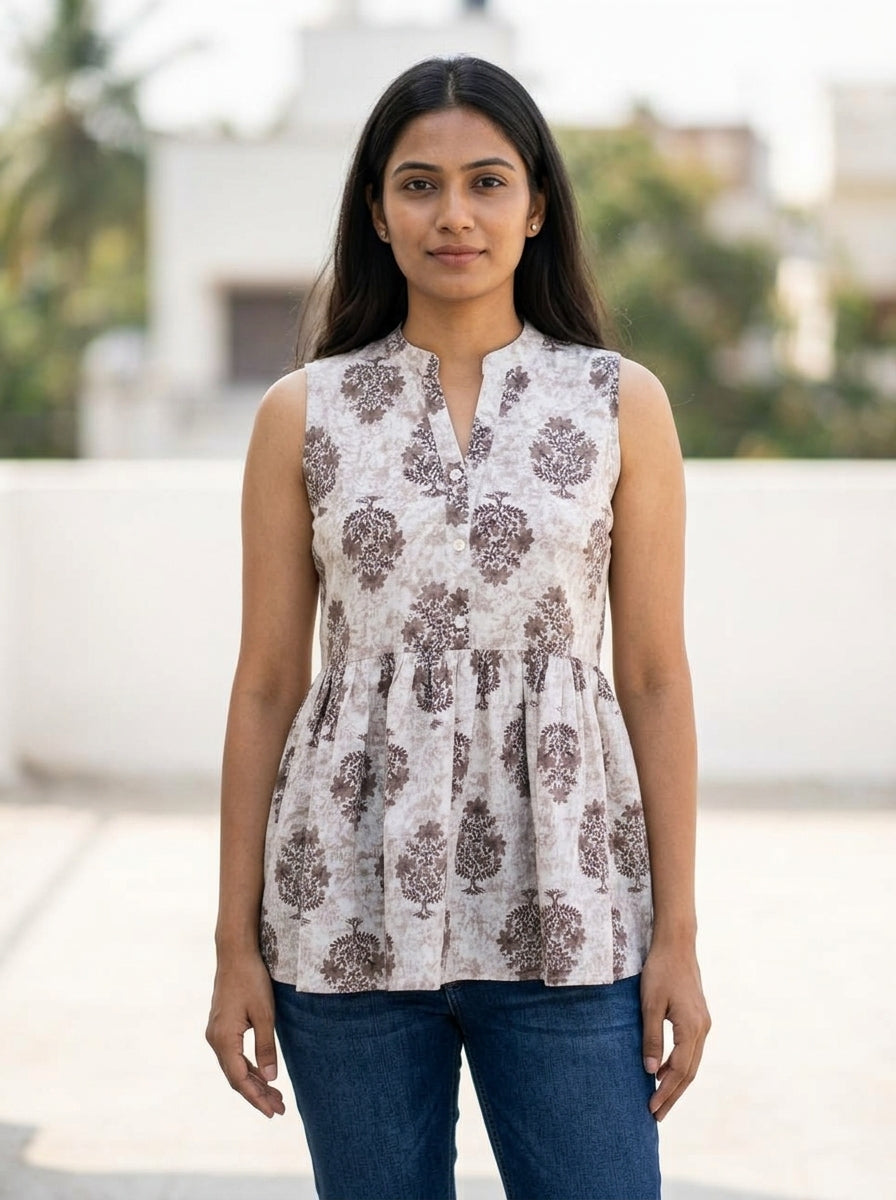 Beige Floral Cotton Sleeveless Peplum Top