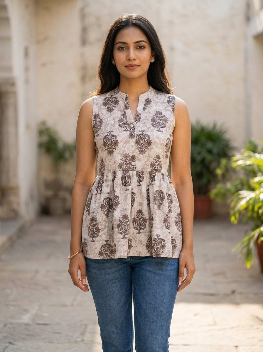Beige Floral Cotton Sleeveless Peplum Top