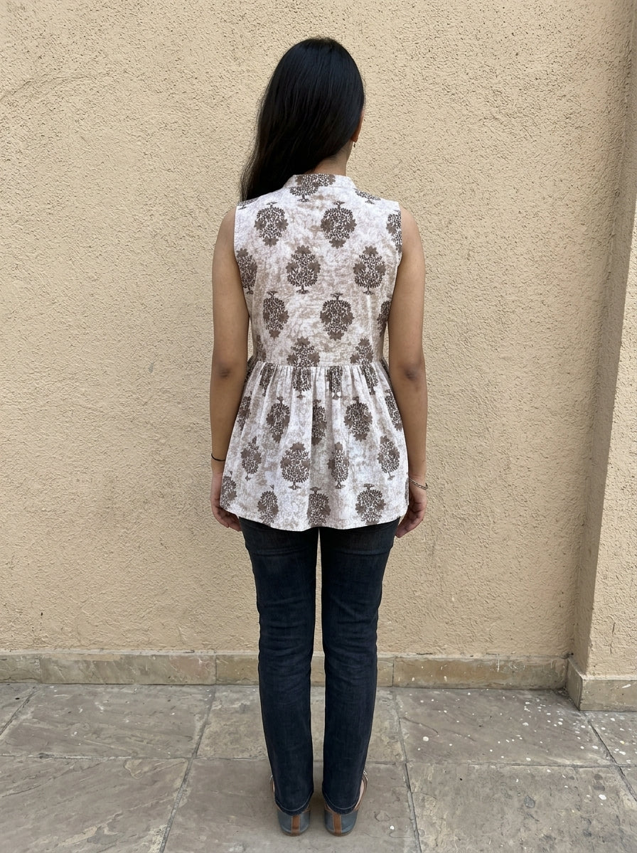 Beige Floral Cotton Sleeveless Peplum Top