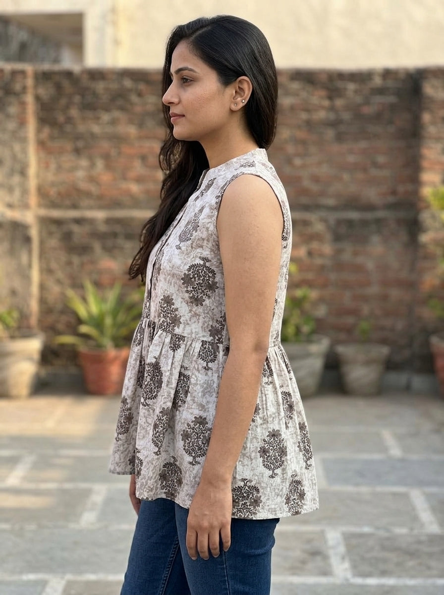 Beige Floral Cotton Sleeveless Peplum Top