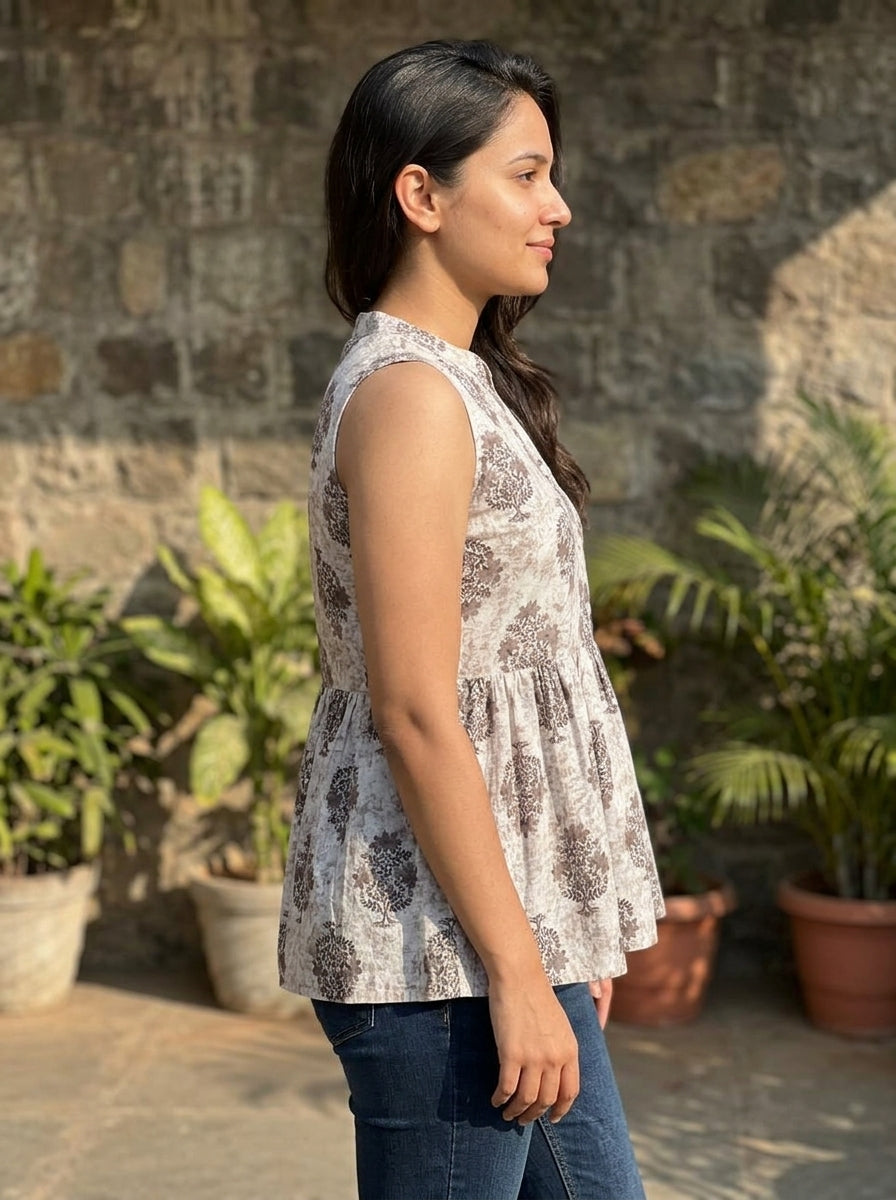 Beige Floral Cotton Sleeveless Peplum Top