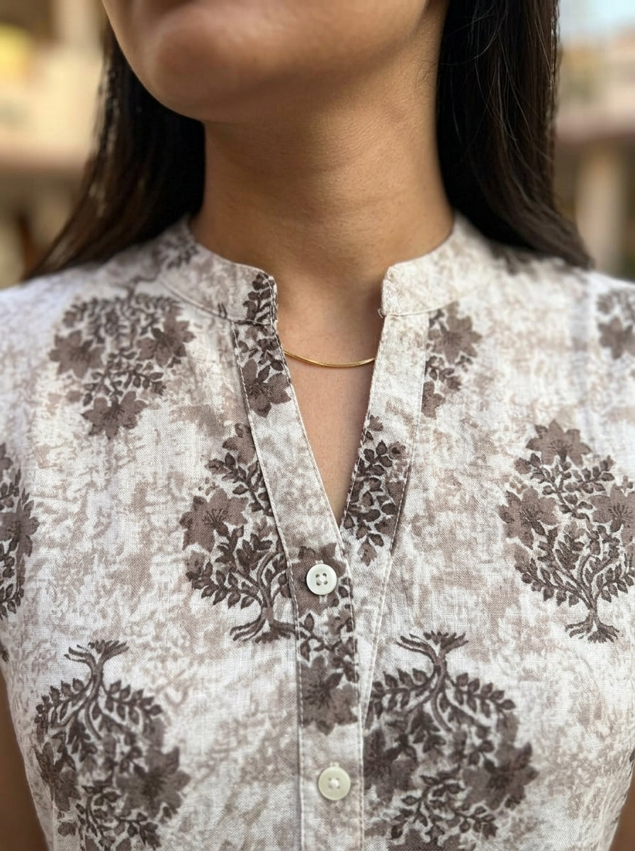 Beige Floral Cotton Sleeveless Peplum Top