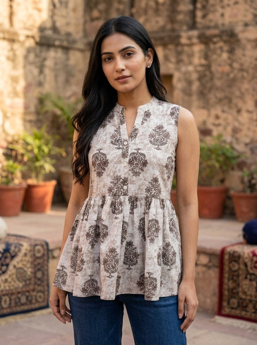 Beige Floral Cotton Sleeveless Peplum Top