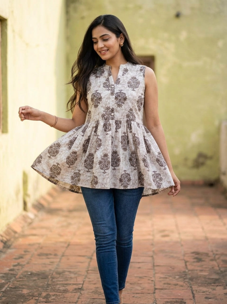 Beige Floral Cotton Sleeveless Peplum Top