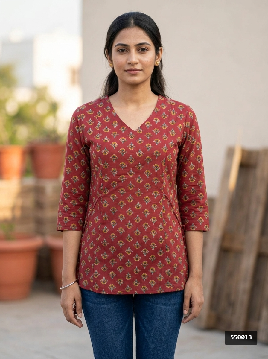Maroon Printed Cotton V-Neck Top