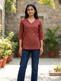 Maroon Printed Cotton V-Neck Top