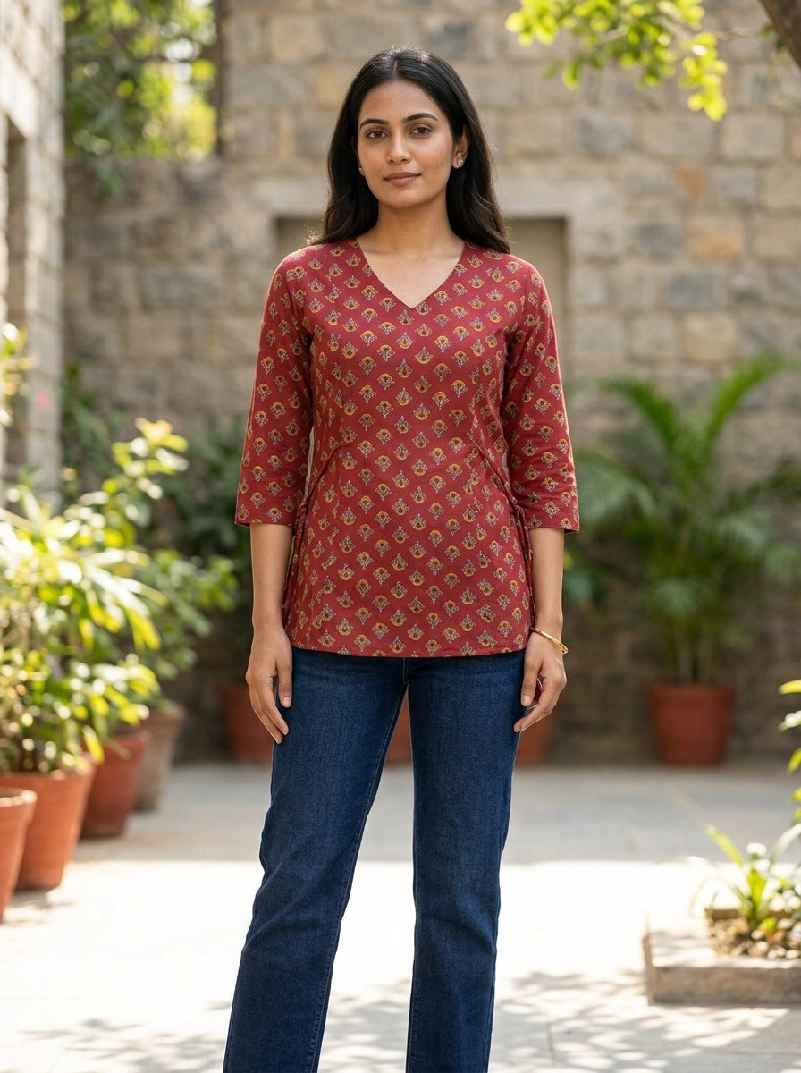 Maroon Printed Cotton V-Neck Top