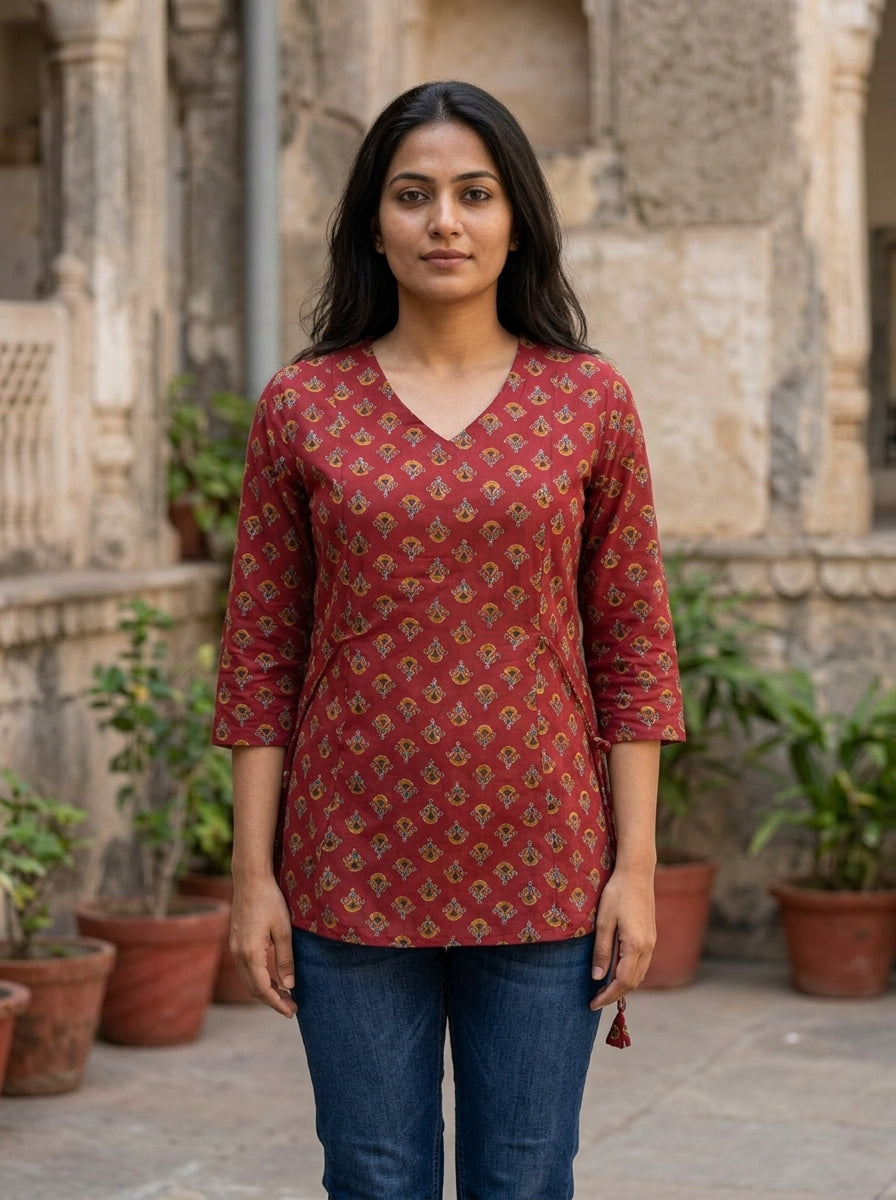 Maroon Printed Cotton V-Neck Top