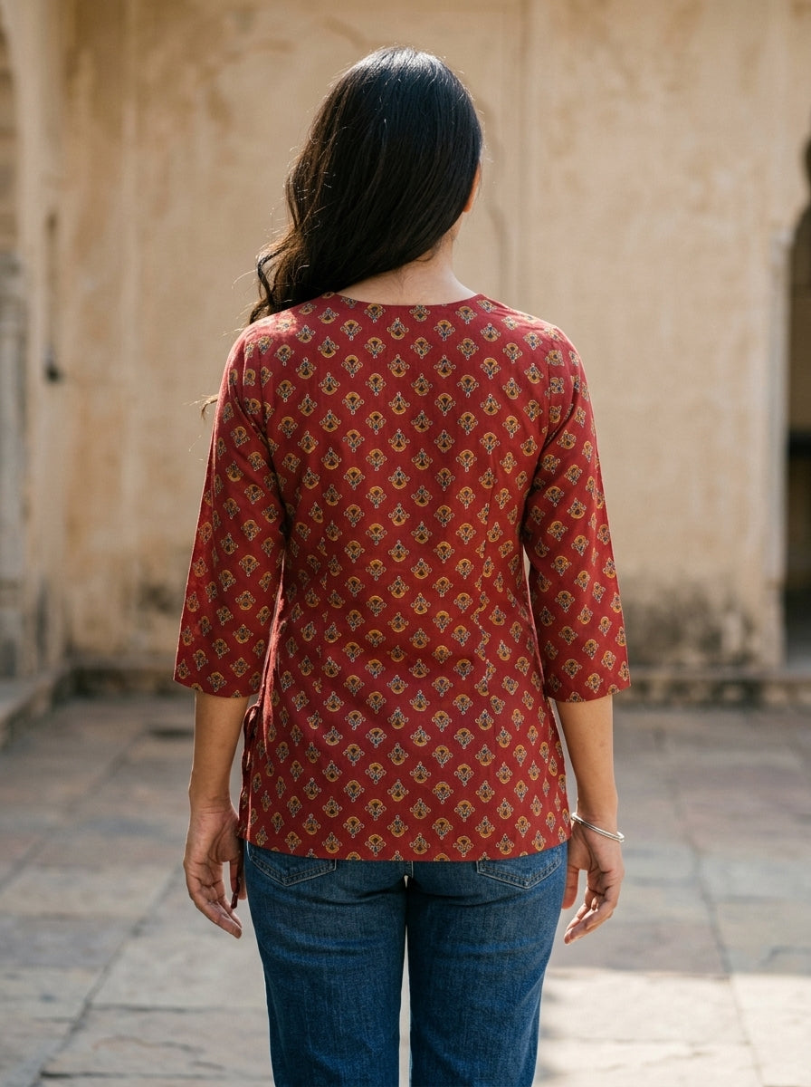 Maroon Printed Cotton V-Neck Top