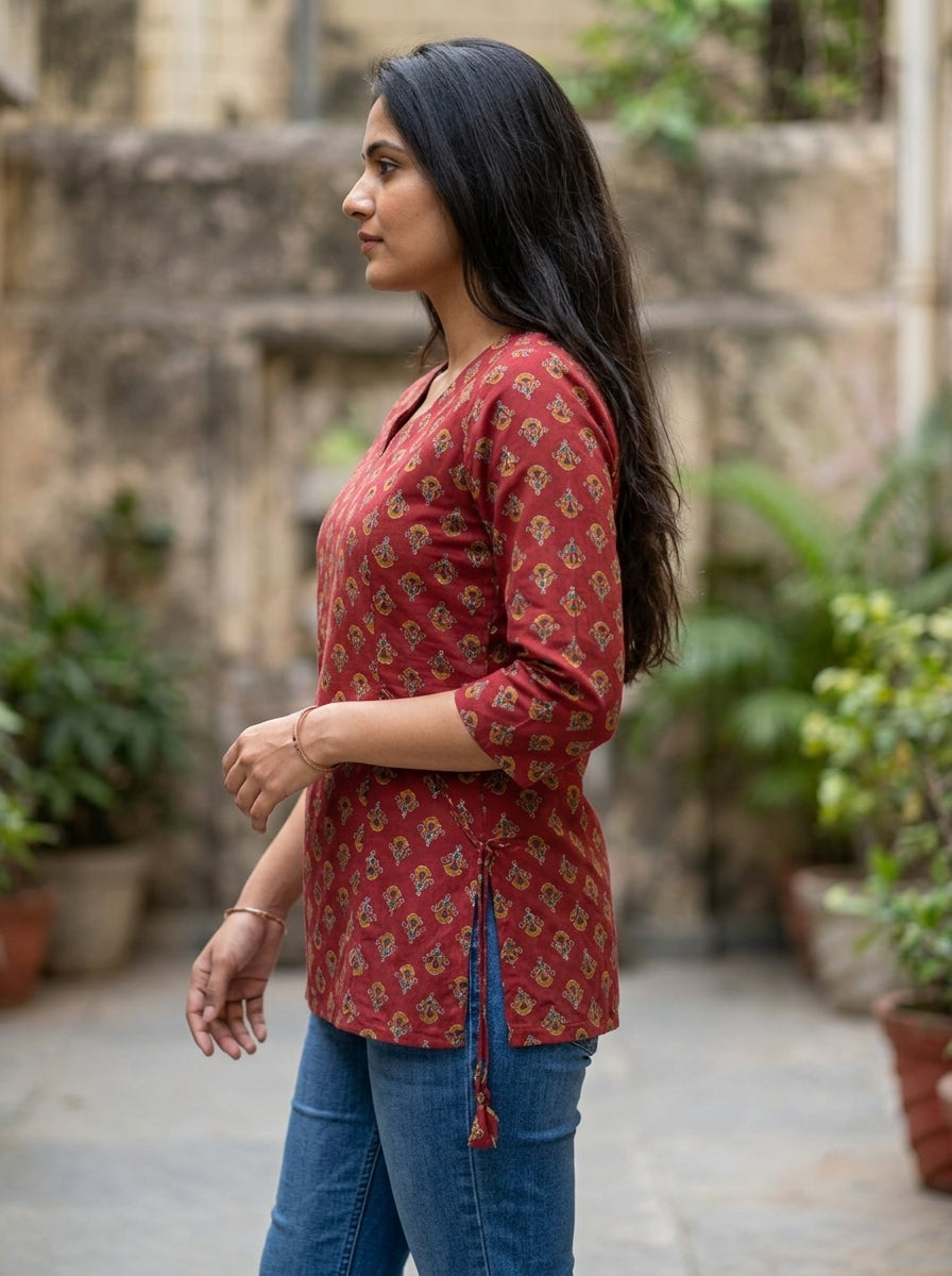 Maroon Printed Cotton V-Neck Top
