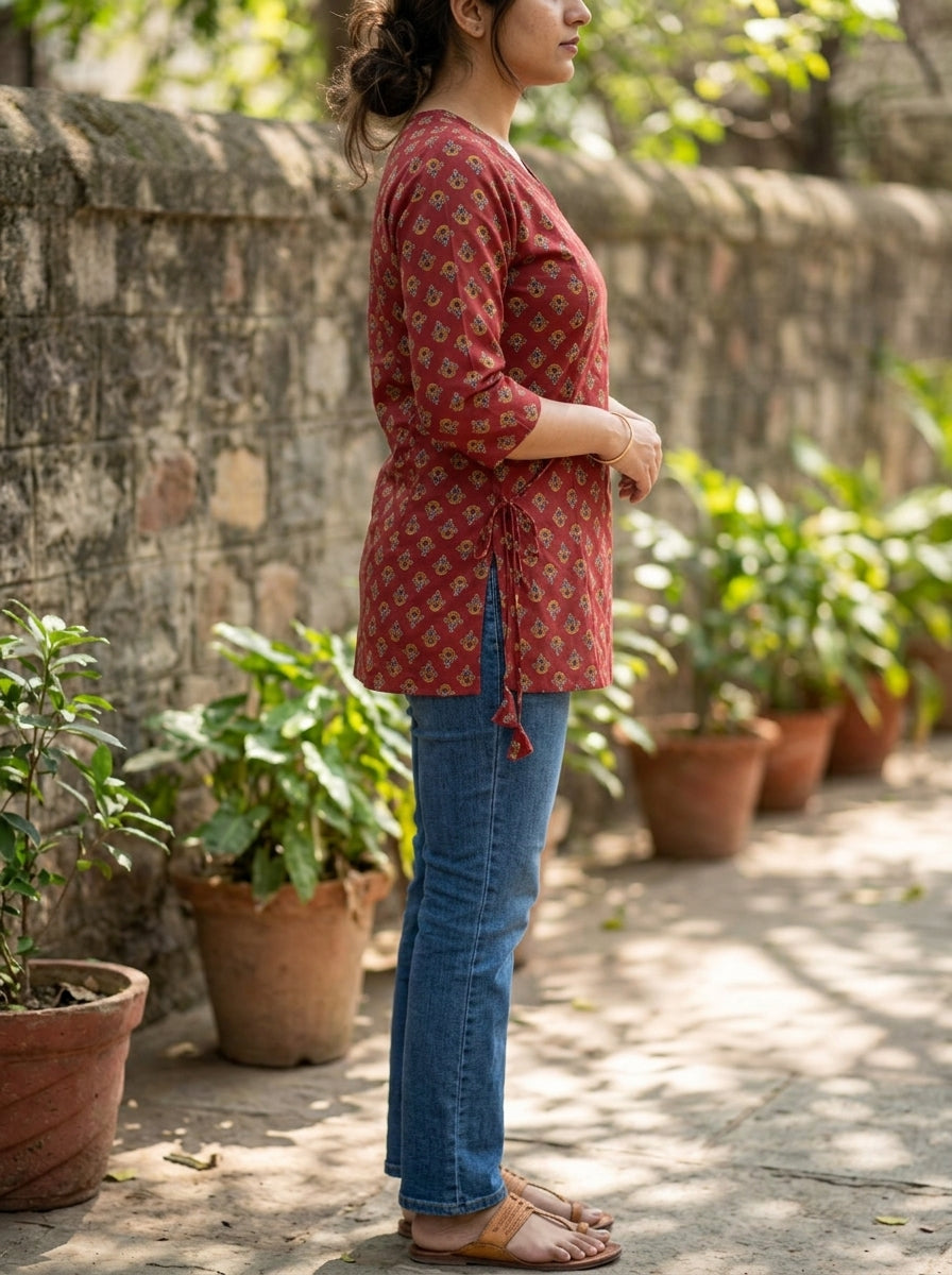 Maroon Printed Cotton V-Neck Top
