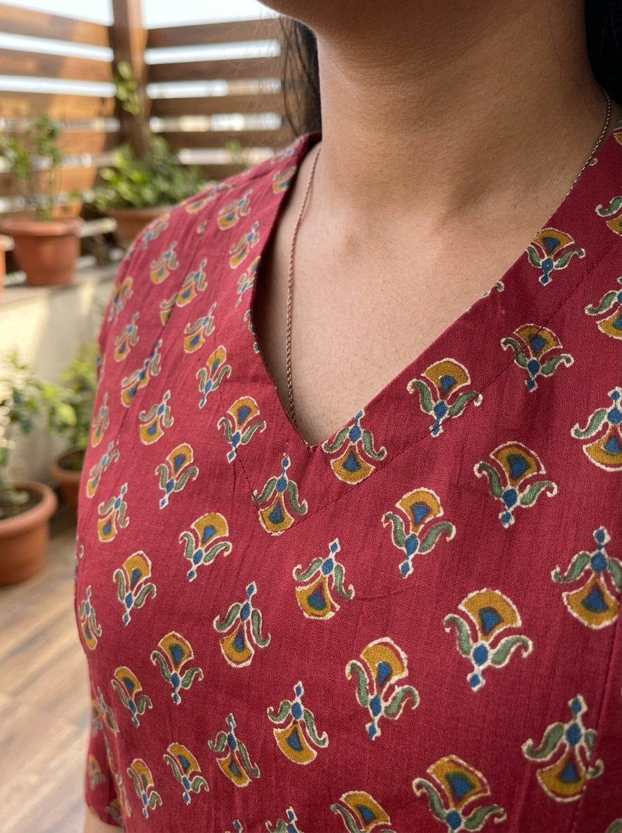 Maroon Printed Cotton V-Neck Top