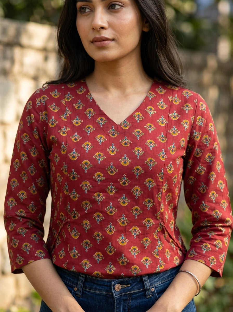 Maroon Printed Cotton V-Neck Top