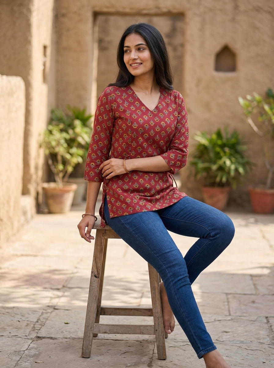 Maroon Printed Cotton V-Neck Top