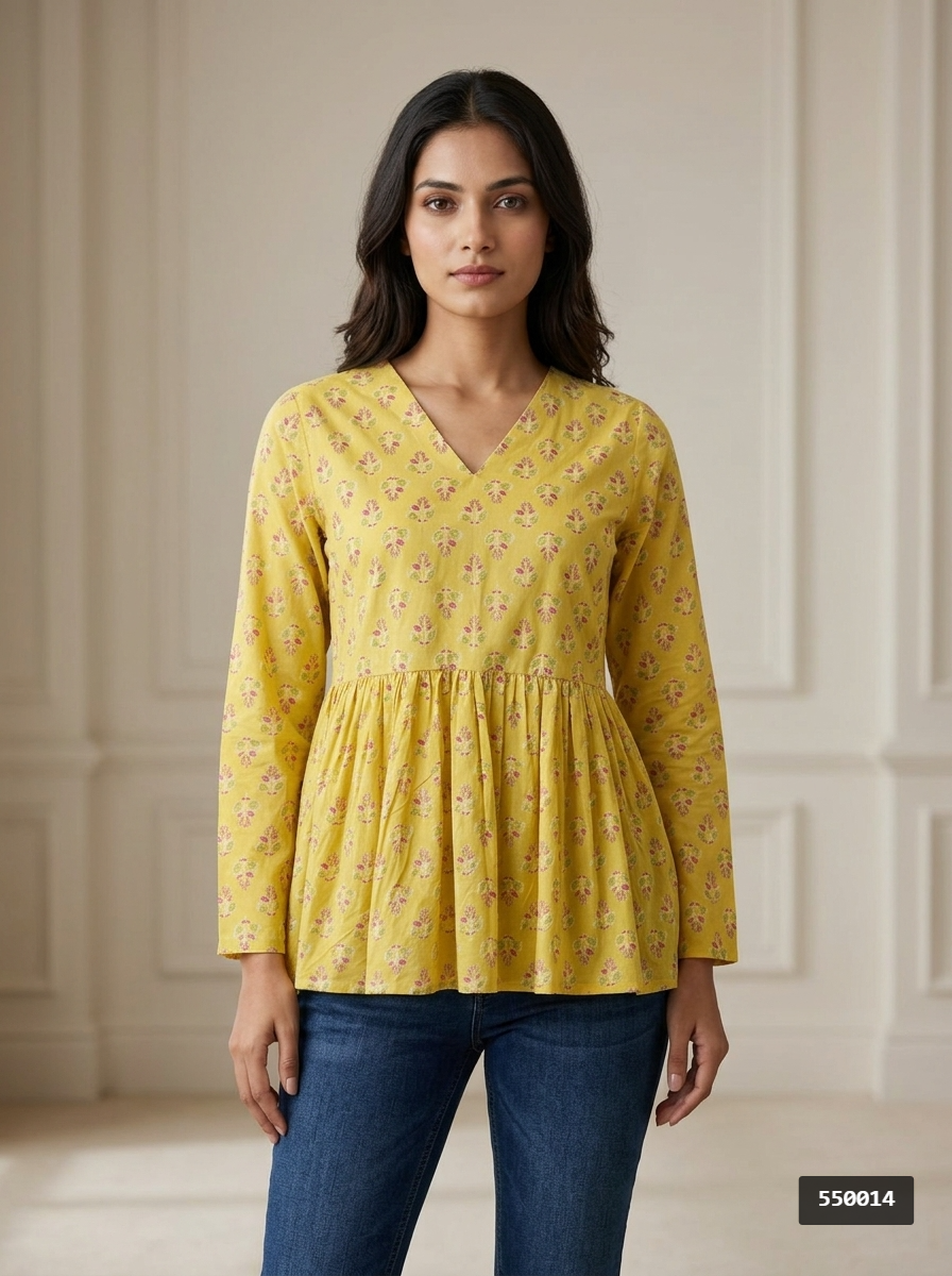 Yellow Floral Cotton Peplum Top