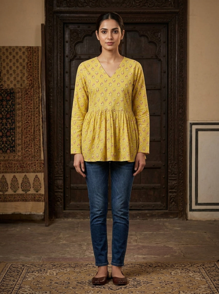 Yellow Floral Cotton Peplum Top