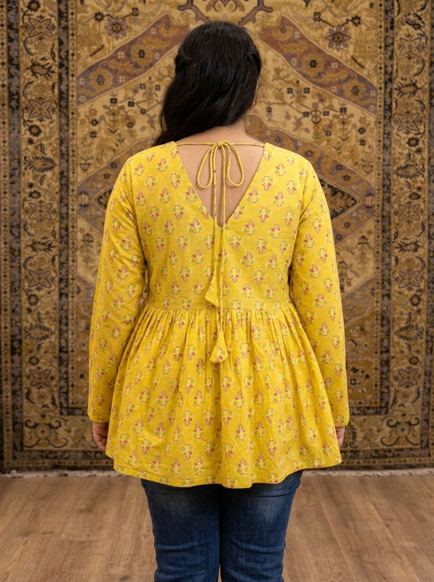 Yellow Floral Cotton Peplum Top