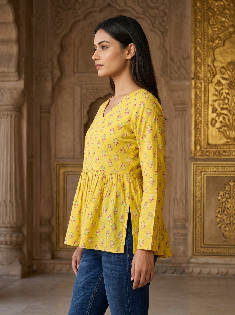 Yellow Floral Cotton Peplum Top