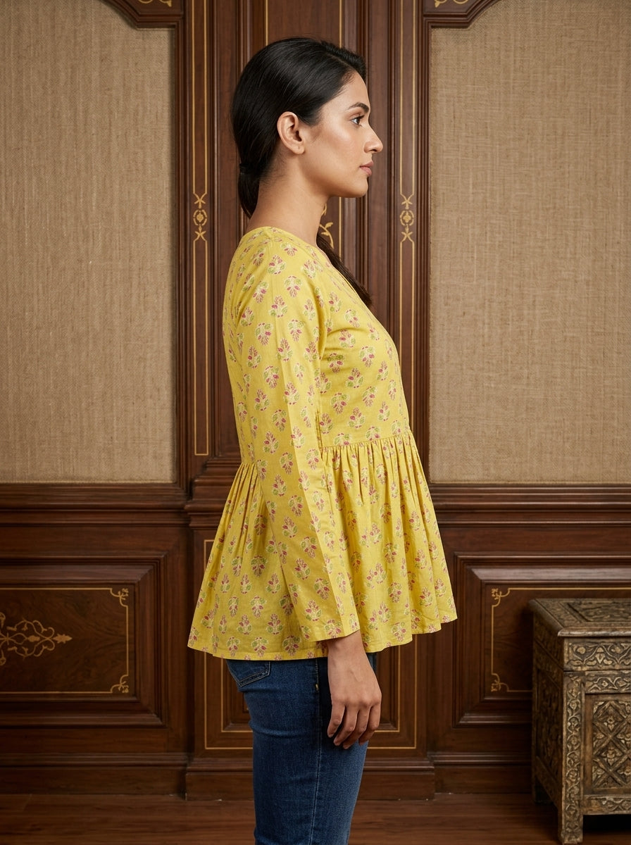 Yellow Floral Cotton Peplum Top