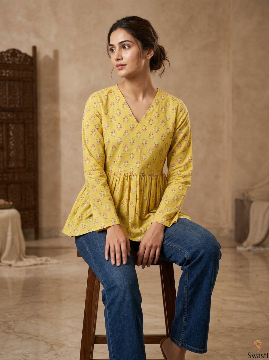 Yellow Floral Cotton Peplum Top