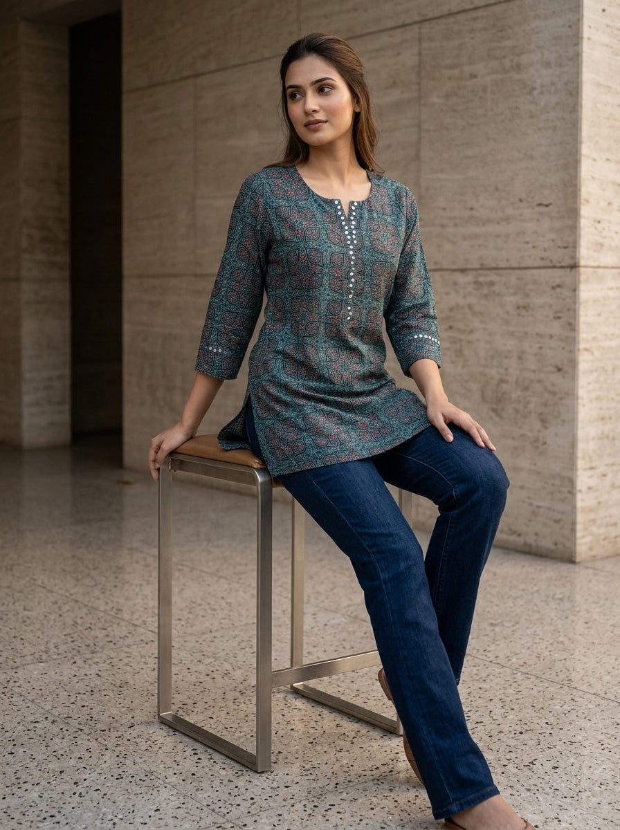 Printed Straight Short Kurti Top for Women