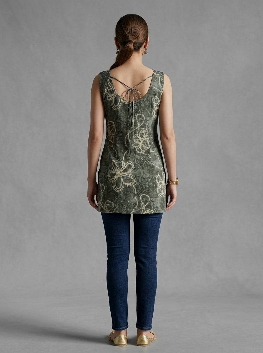 Grey Rayon Sleeveless Top with Scoop Back