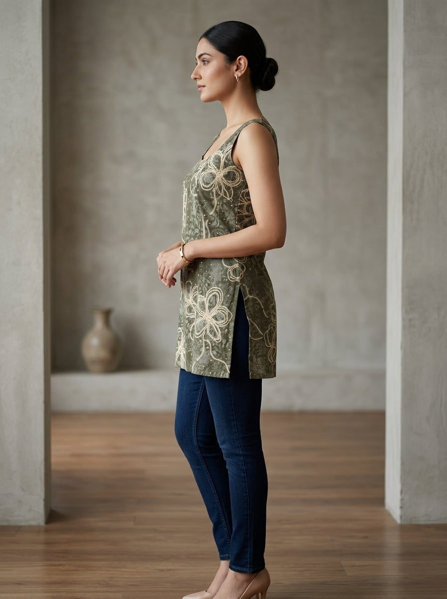 Grey Rayon Sleeveless Top with Scoop Back