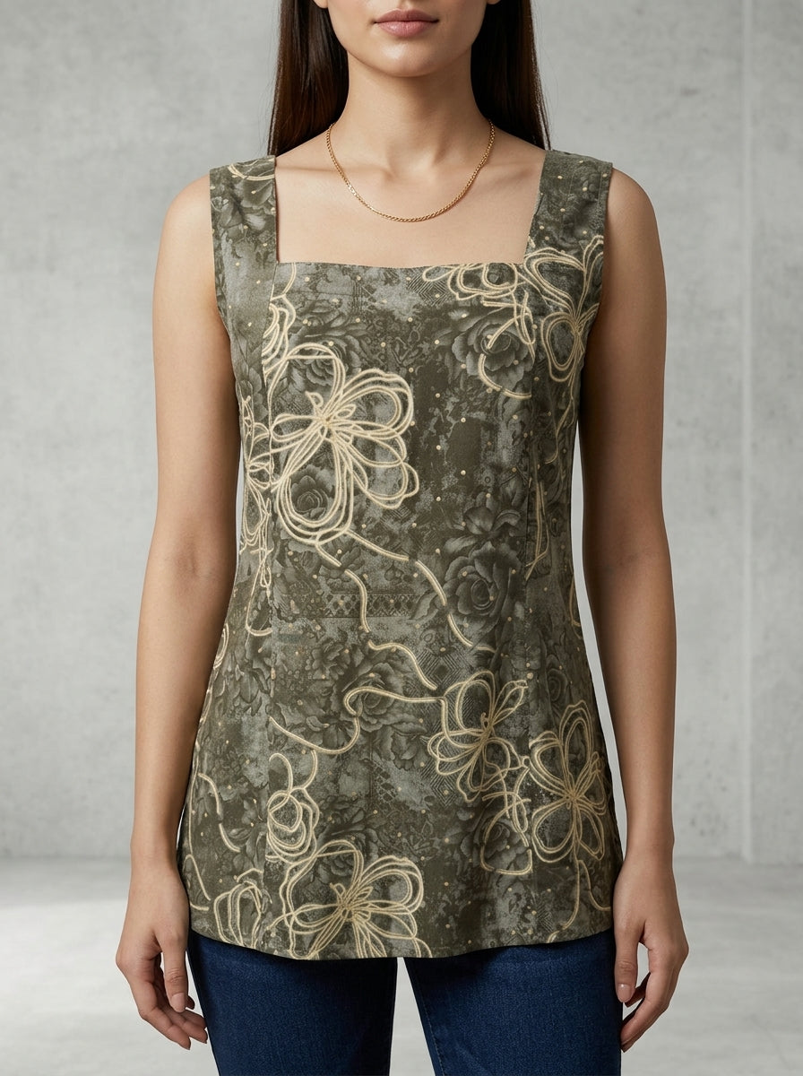 Grey Rayon Sleeveless Top with Scoop Back