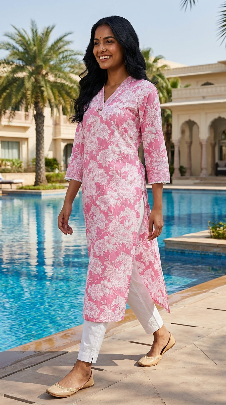 Pink Cotton Straight Kurta-700010