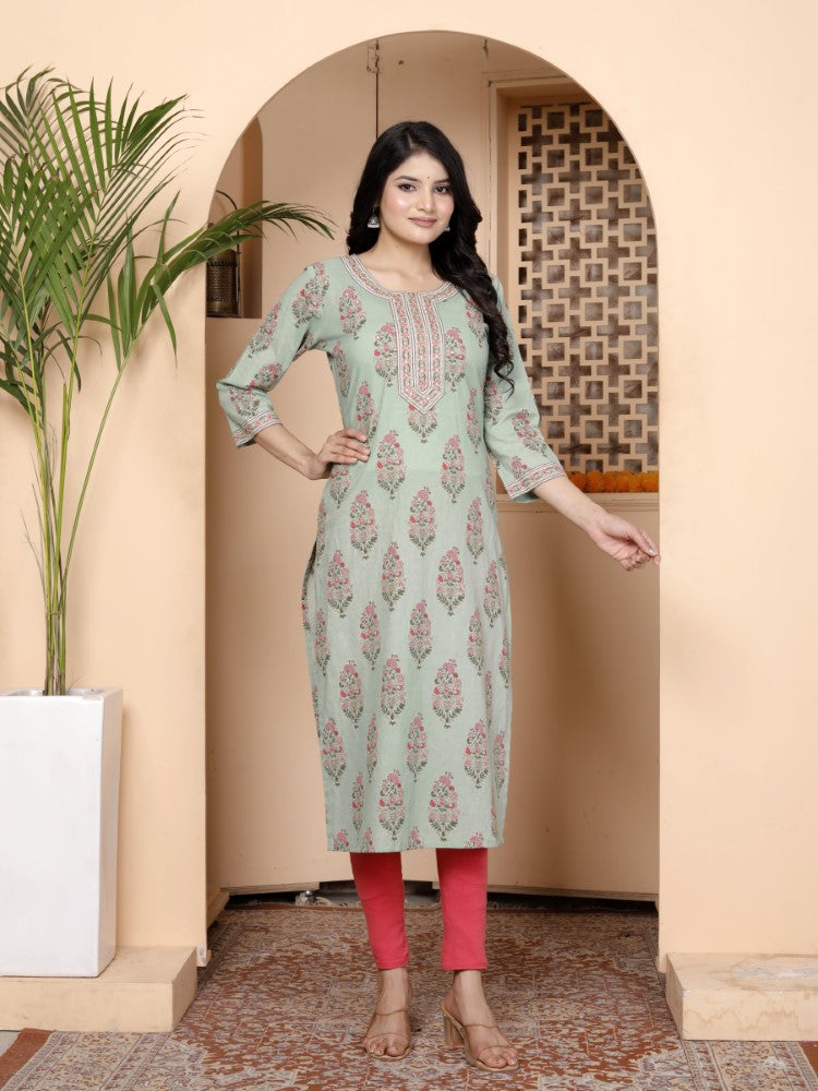 Green Cotton Straight Kurta-700012