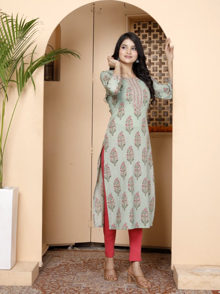 Green Cotton Straight Kurta-700012