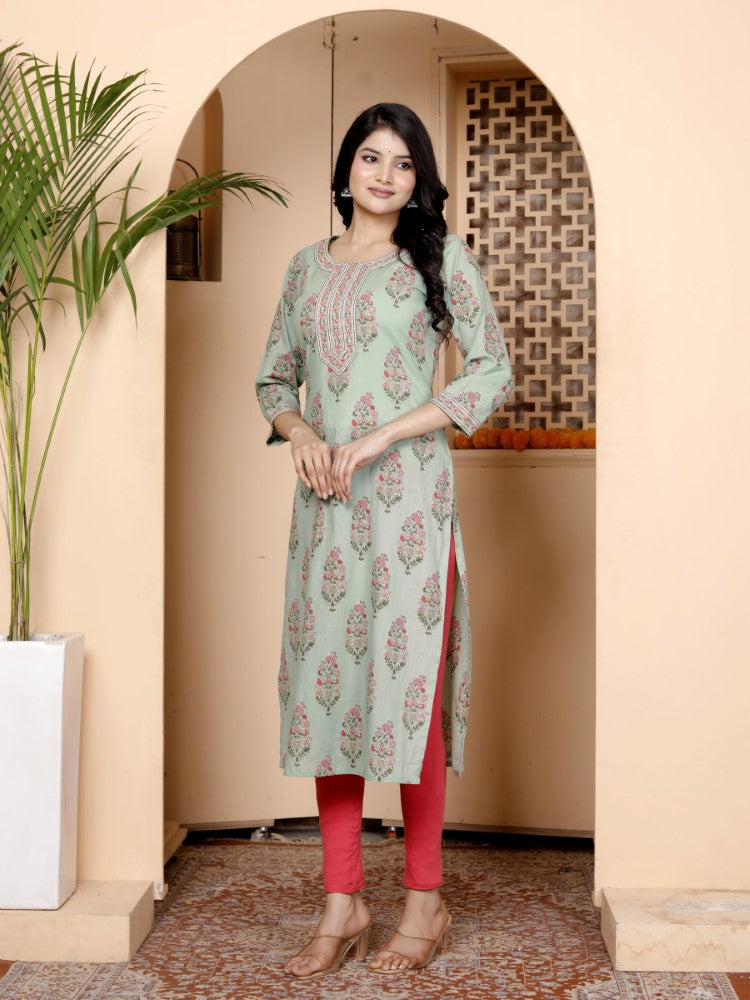 Green Cotton Straight Kurta-700012