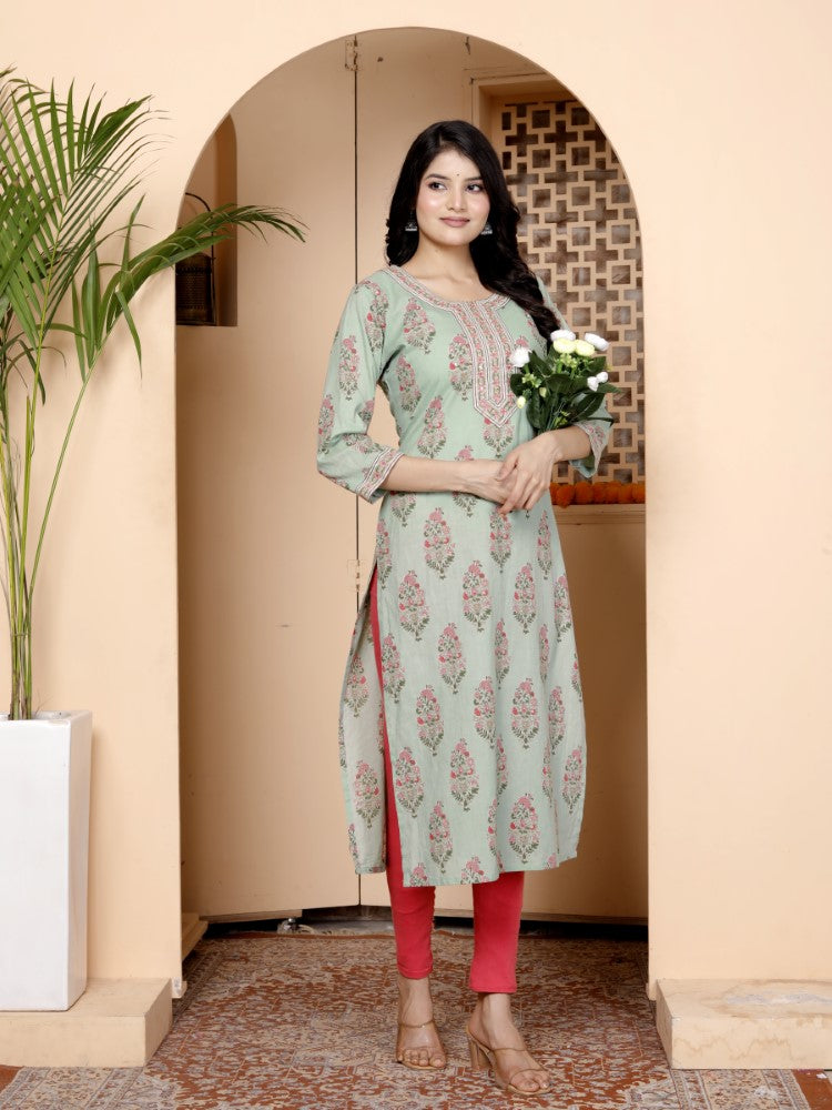 Green Cotton Straight Kurta-700012
