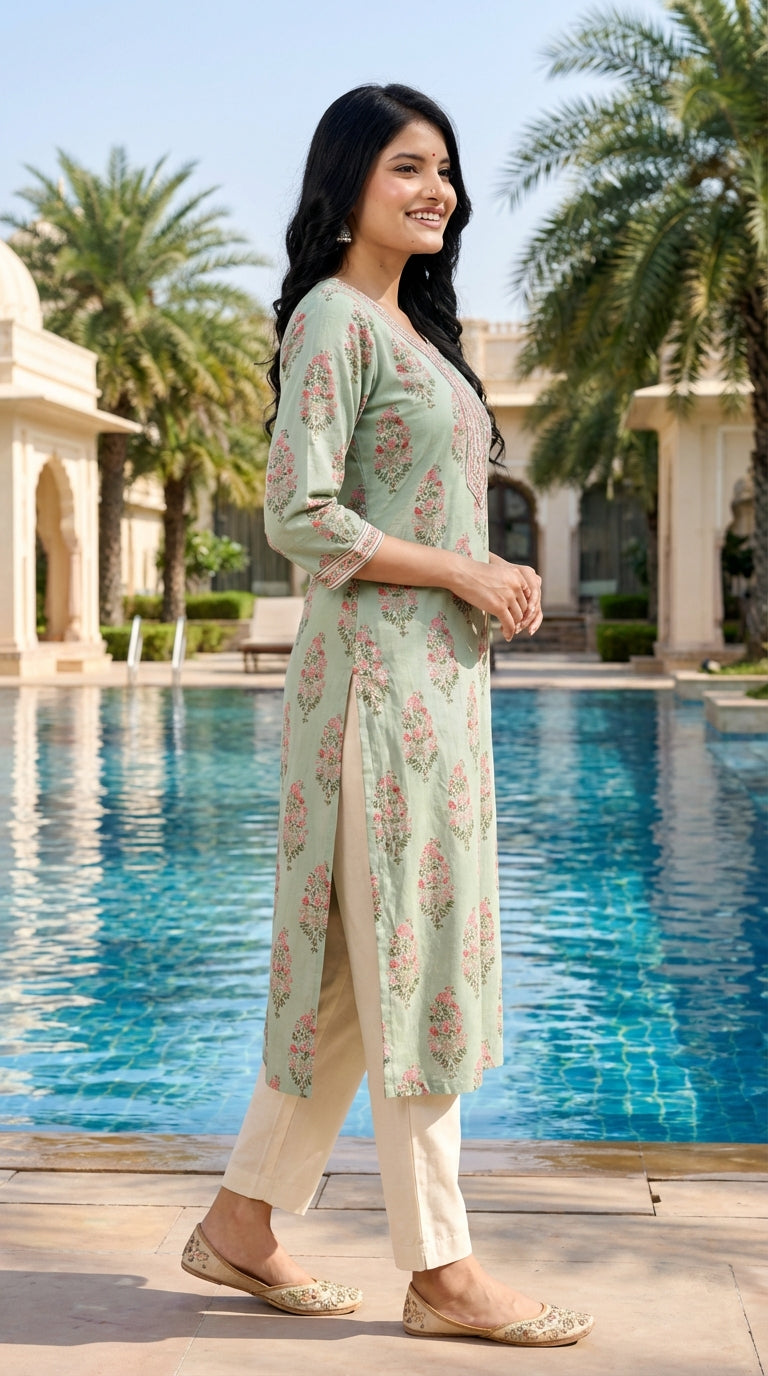 Green Cotton Straight Kurta-700012