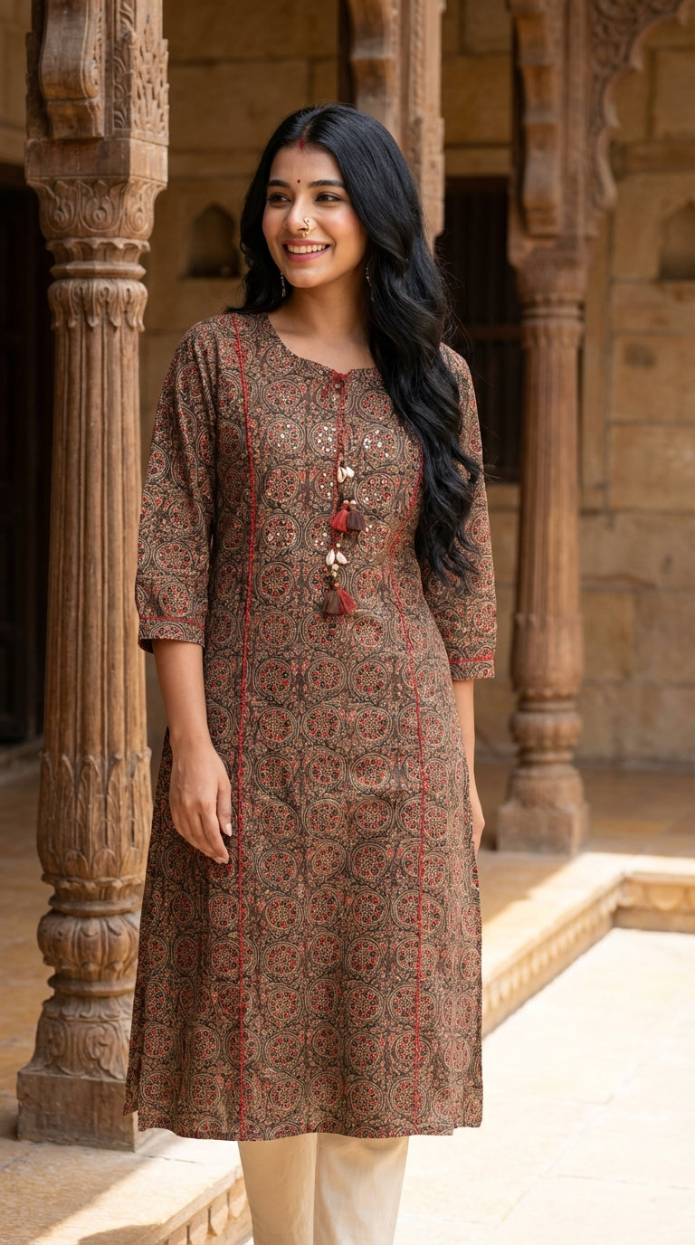 Brown Cotton Straight Kurta-700014