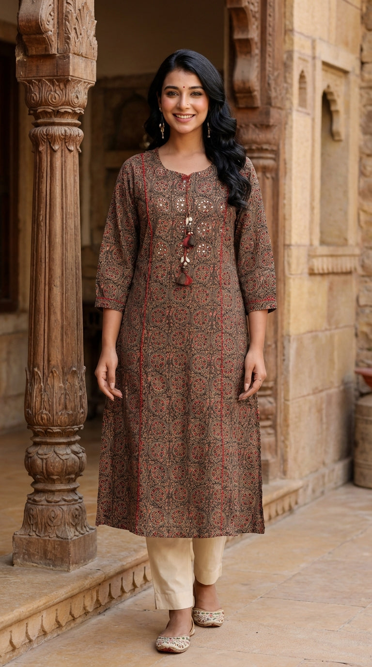 Brown Cotton Straight Kurta-700014