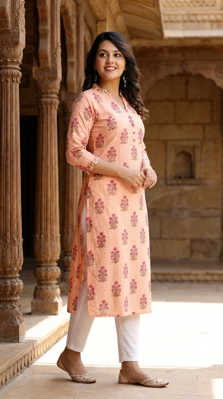 Peach Cotton Straight Kurta-700015