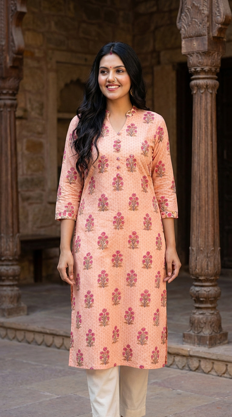 Peach Cotton Straight Kurta-700015