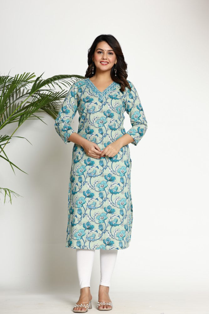 Green Cotton  Straight Kurta-700016