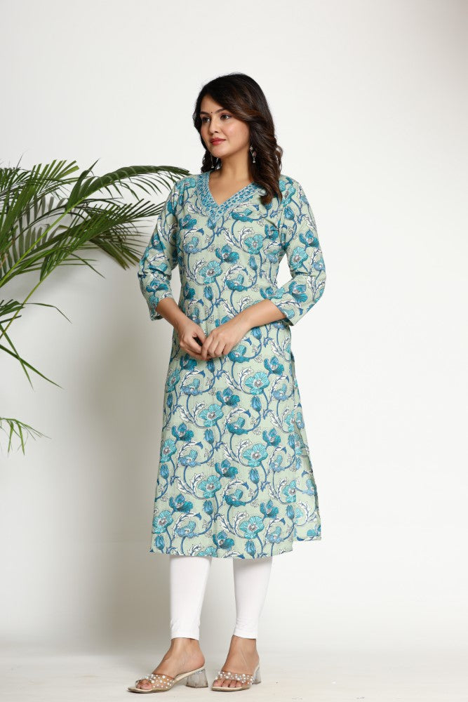 Green Cotton  Straight Kurta-700016