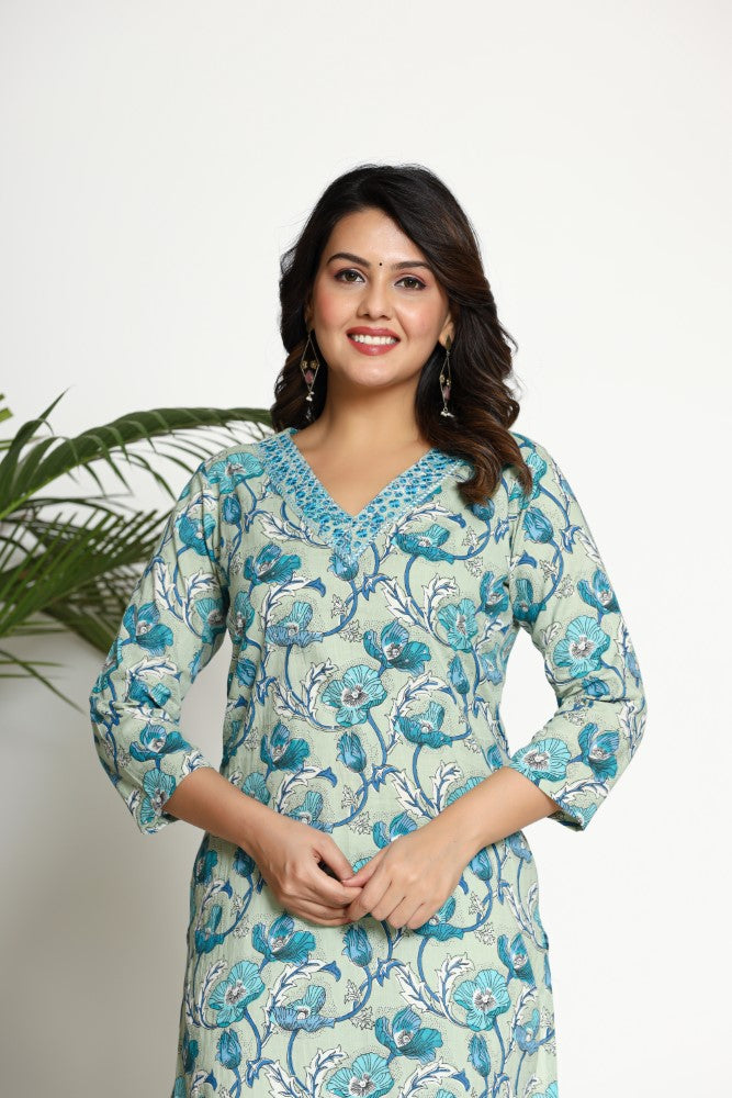 Green Cotton  Straight Kurta-700016