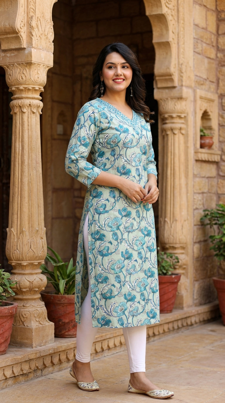 Green Cotton  Straight Kurta-700016