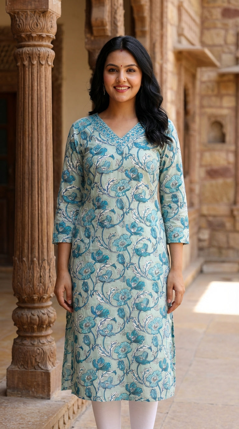 Green Cotton  Straight Kurta-700016