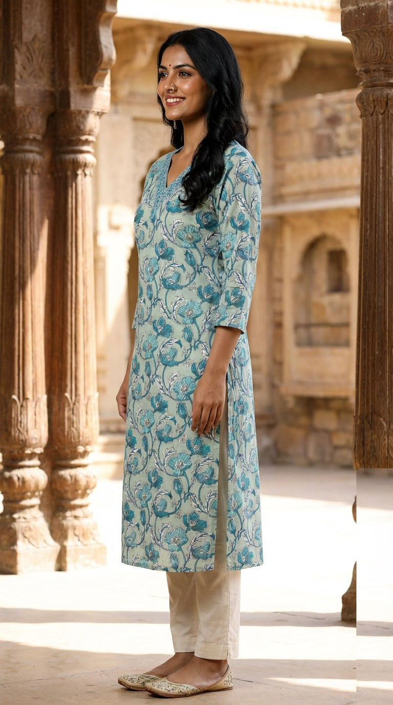 Green Cotton  Straight Kurta-700016