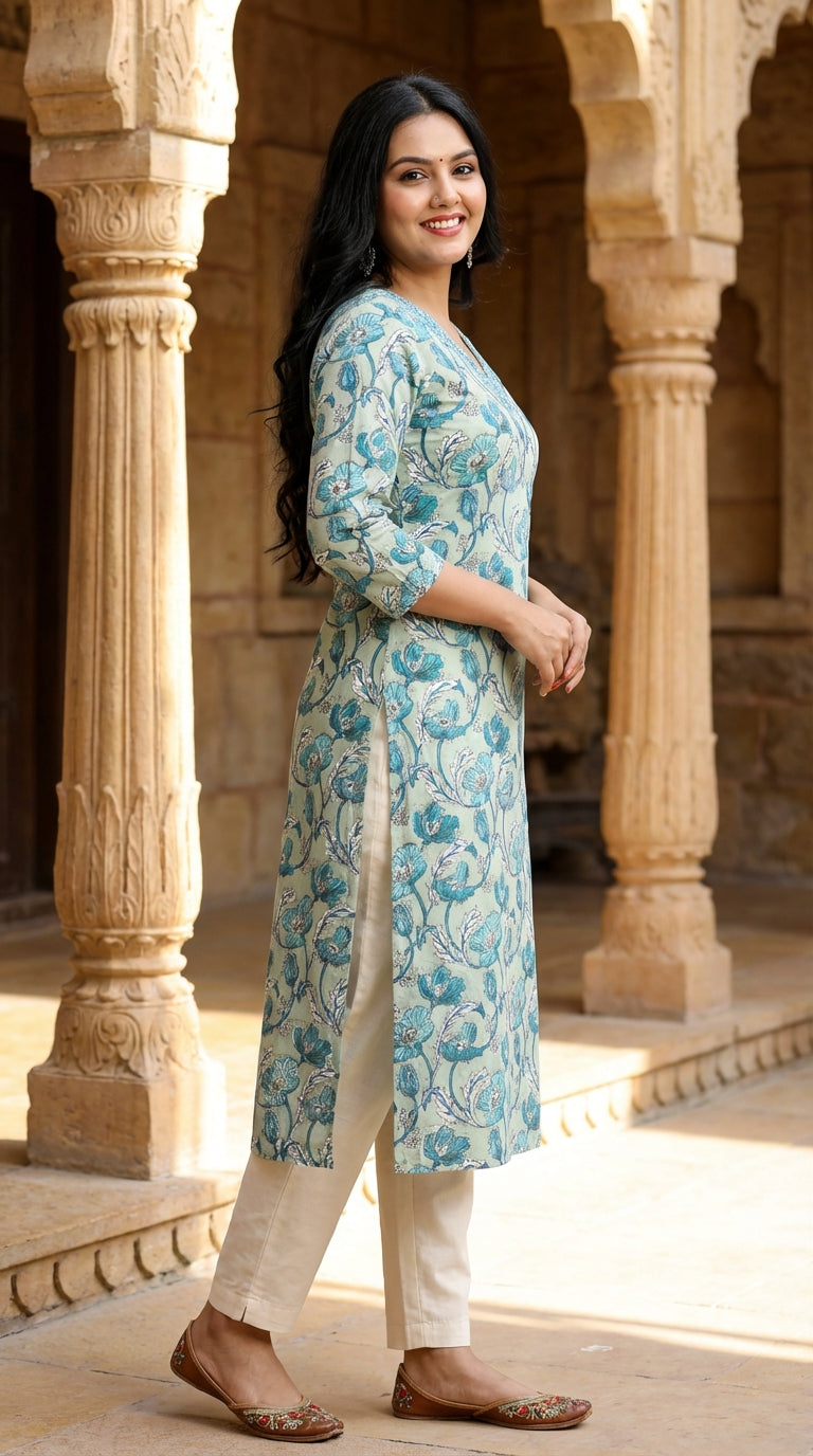 Green Cotton  Straight Kurta-700016